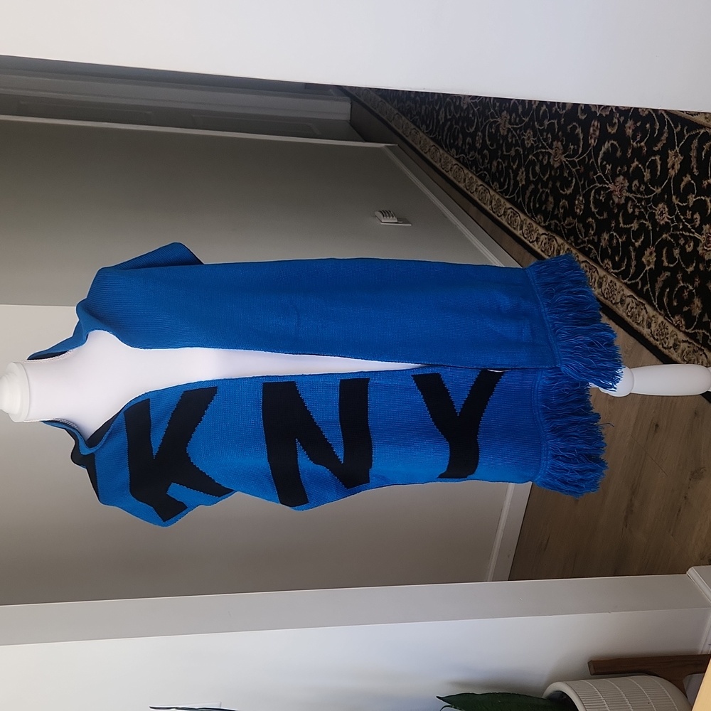 DKNY Womens BOLD Logo Fringe Scarf Wrap Black Blue One Size - Picture 3 of 12